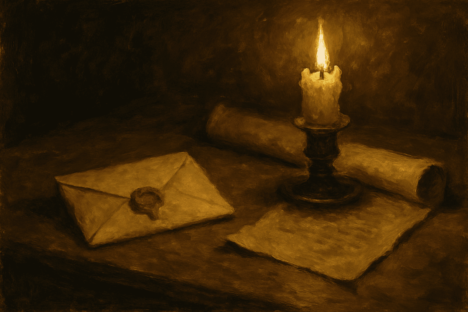 A wax-sealed envelope and candle on a desk, painted in warm low light
