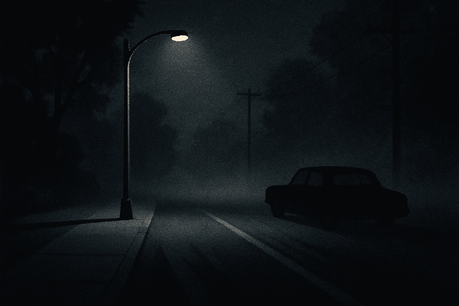 An empty road at night under a single streetlight in fog
